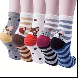 Cute Cat Quarter Crew Socks - 5 pairs